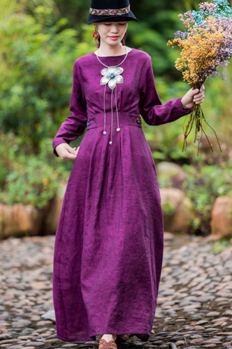 Women's Simple Linen Purple Collect Waist Maxi Dress– FantasyLinen