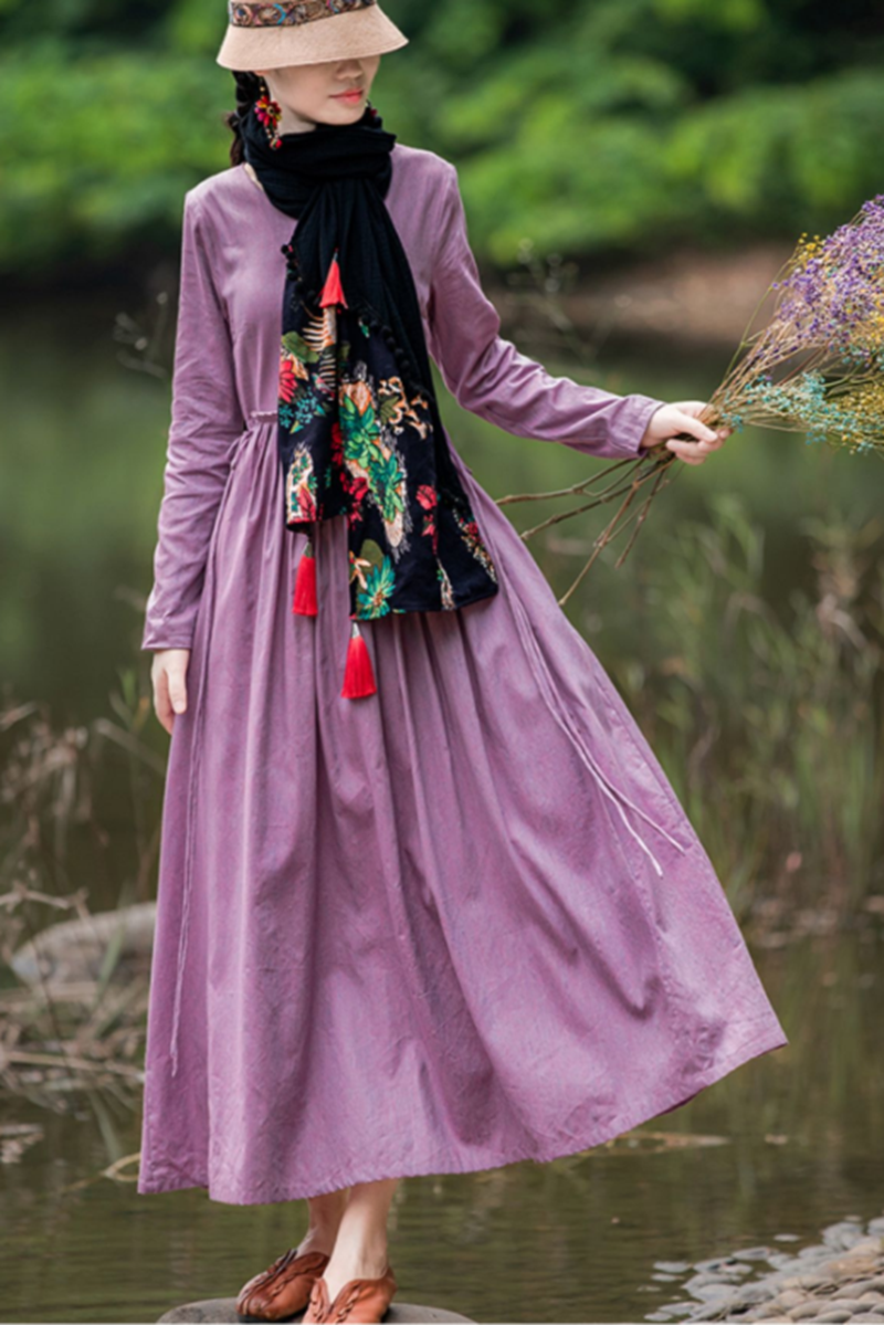 Women's Linen Pure Color V Neck Waist Drawstring Dress– FantasyLinen