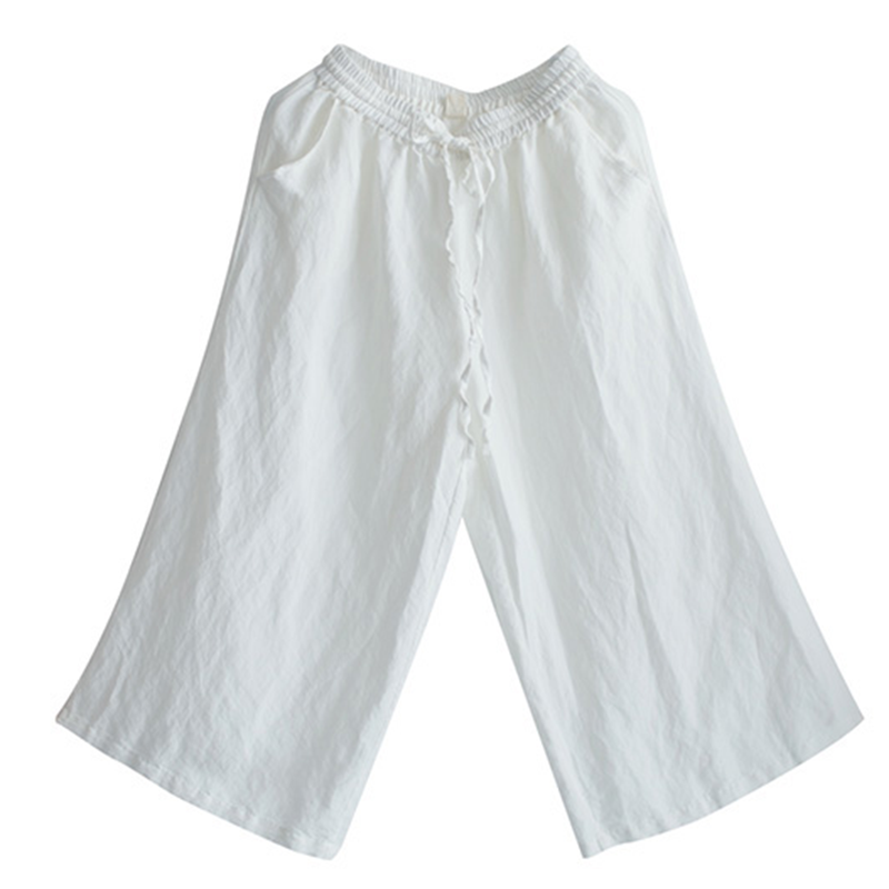 Women White Linen Elastic Waist Wide Leg Pants– FantasyLinen