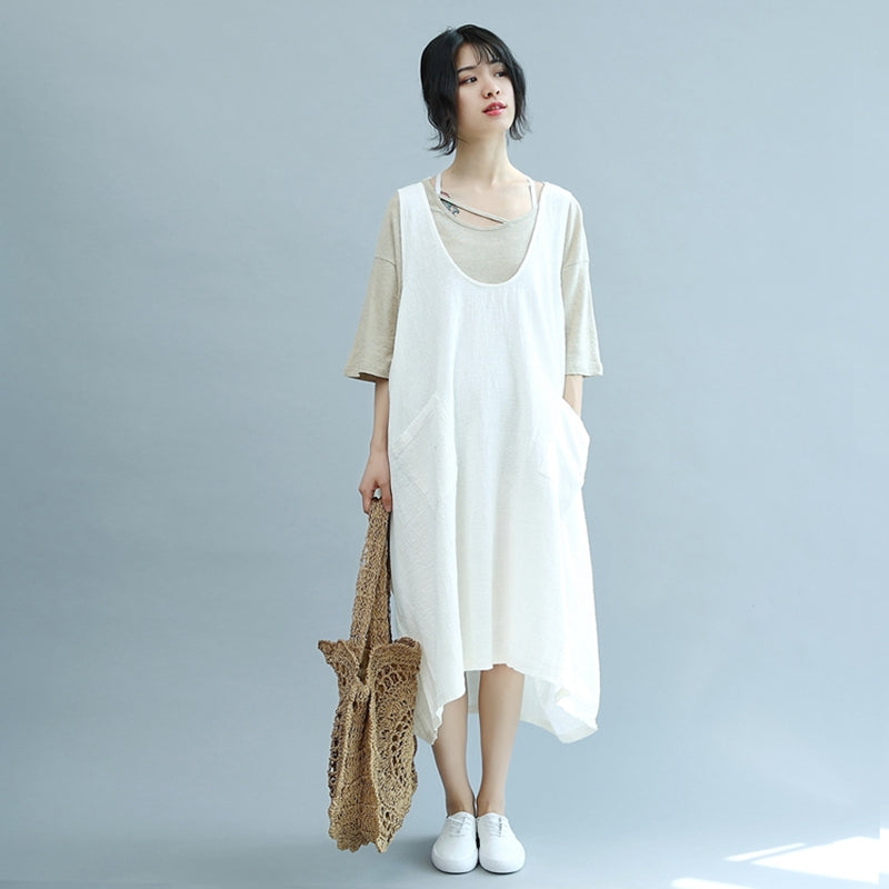 Summer Beige Linen Sleeveless Women Suspender Dresses– FantasyLinen