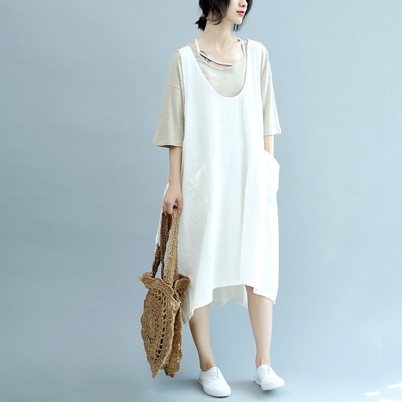 Summer Beige Linen Sleeveless Women Suspender Dresses– FantasyLinen