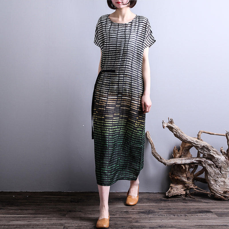 Linen Stripe Loose Casual Summer Women Green Maxi Dress – FantasyLinen