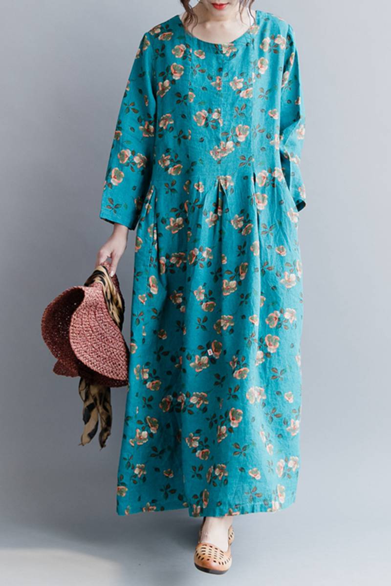 Blue Cute Floral Women Long Dresses Causal Lady Dress Q20418 | FantasyLinen