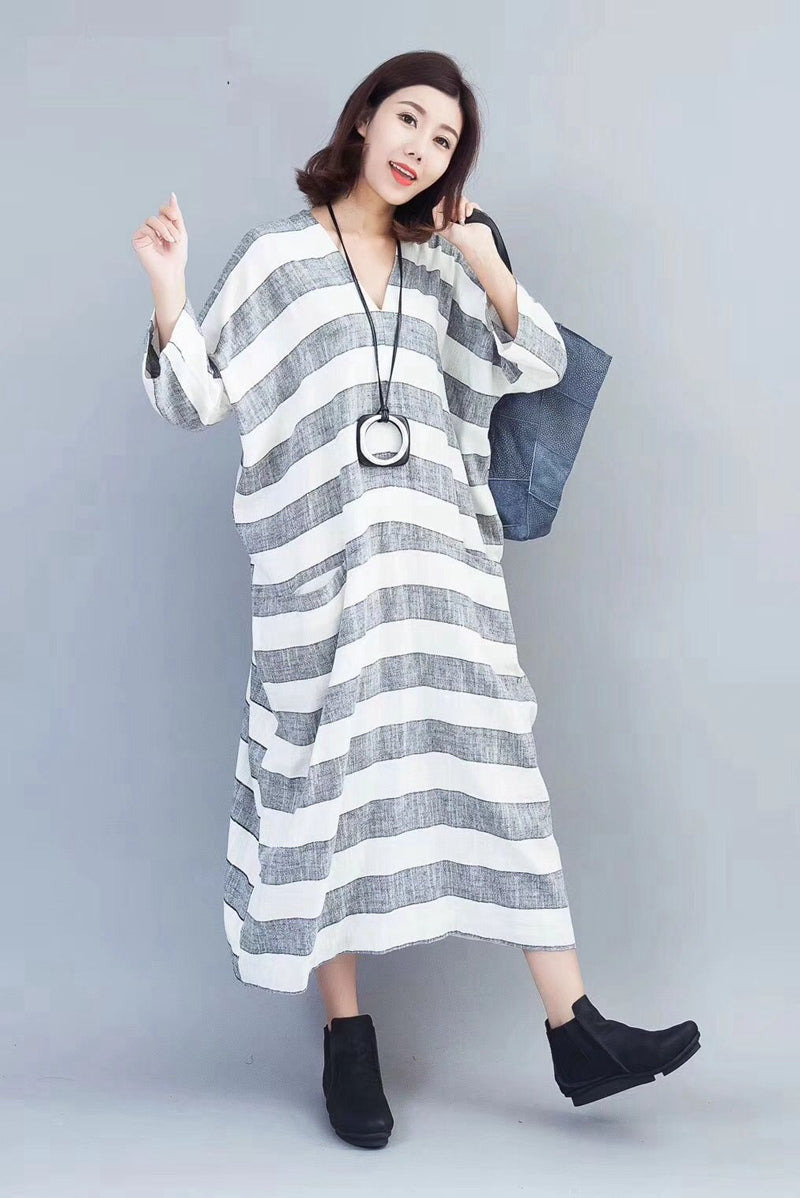 Fashion Striped Linen Maxi Dress Women Autumn Outfits 810– FantasyLinen