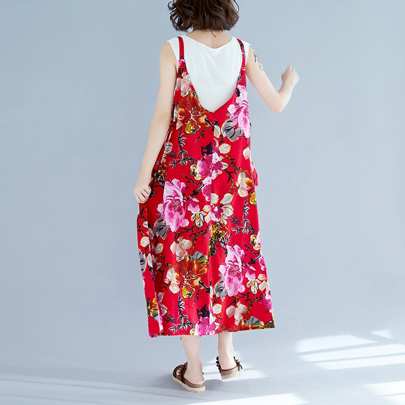 Vintage Red Floral Long Sundresses Women Loose Clothes Q1966 – FantasyLinen