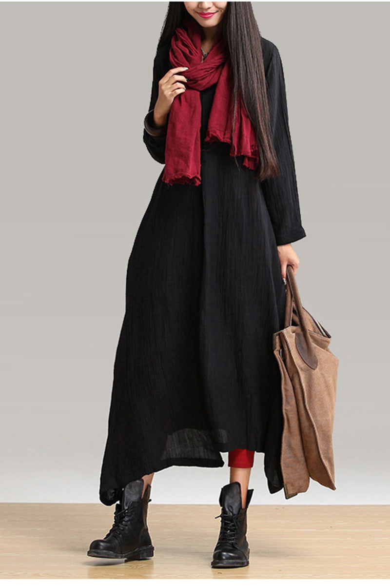 Fall Plus Size Maxi Black Linen Dress Q1656– FantasyLinen