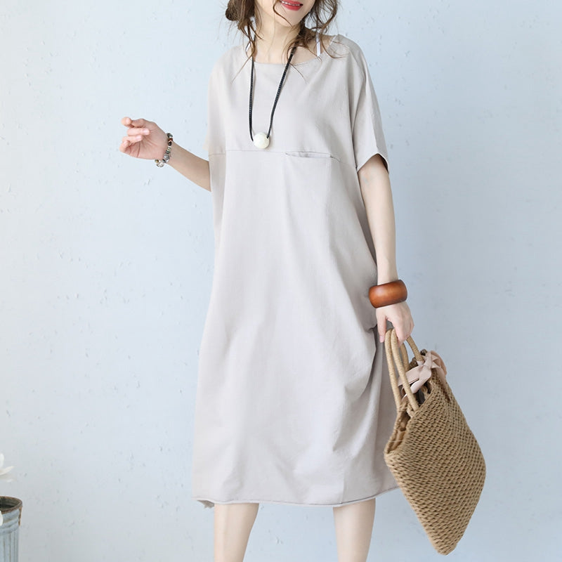 Casual Summer Loose Round Neck Cotton Pocket Dress Summer Women Clothe ...