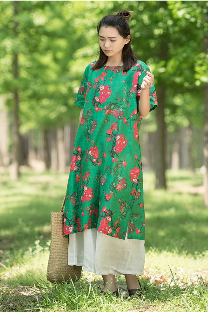 Loose Printed Floral Green Long Dress Q1456– FantasyLinen