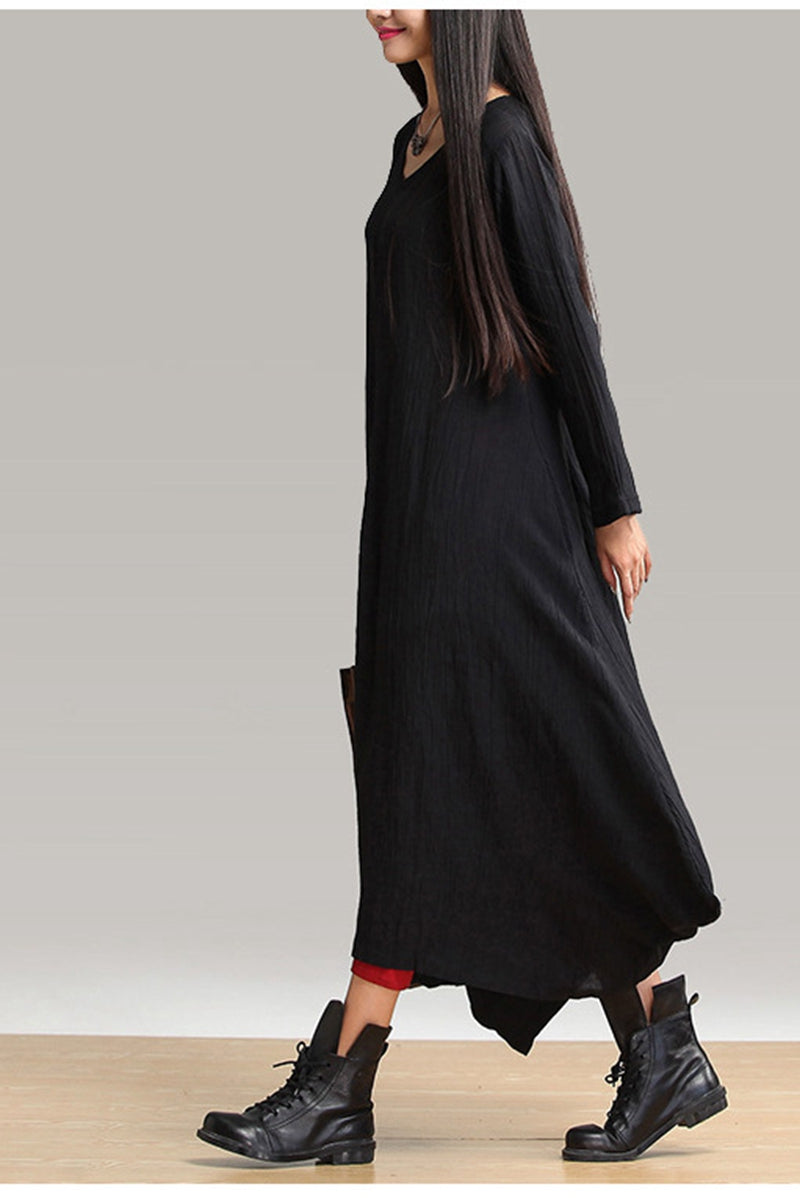 Fall Plus Size Maxi Black Linen Dress Q1656– FantasyLinen