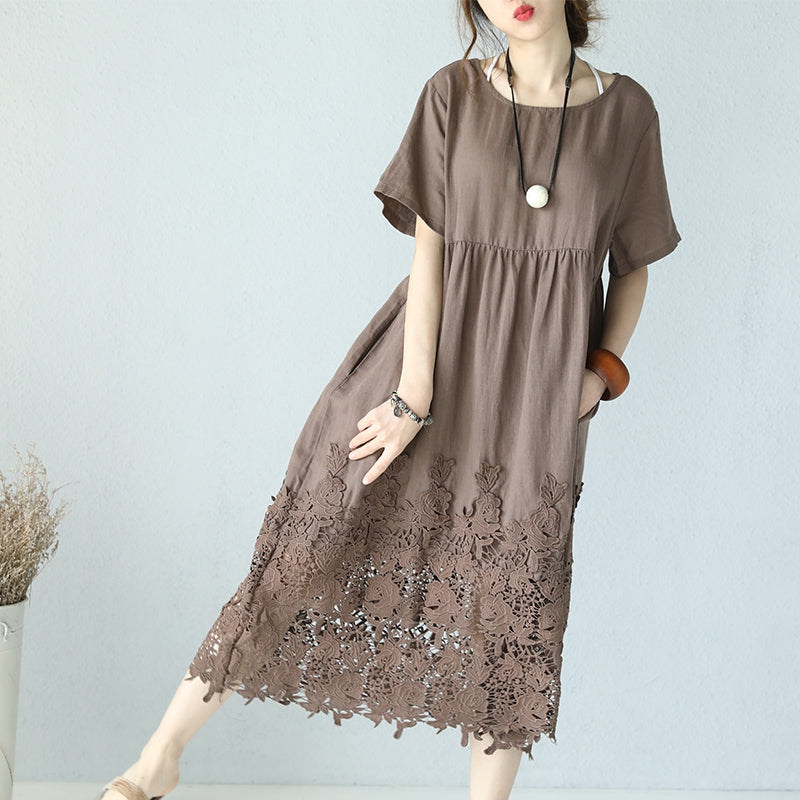 Casual Loose Fitting Round Neck Lace Linen Long Dress Q9901– FantasyLinen