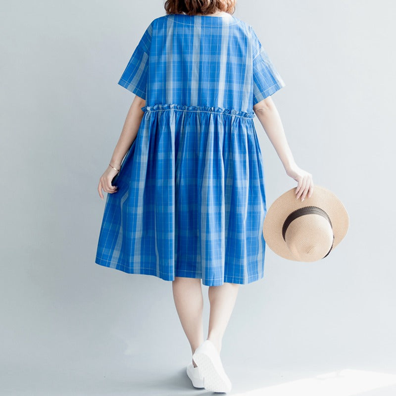 Round Neck High Waist Blue Plaid Doll Dress For Women Q3048 – FantasyLinen