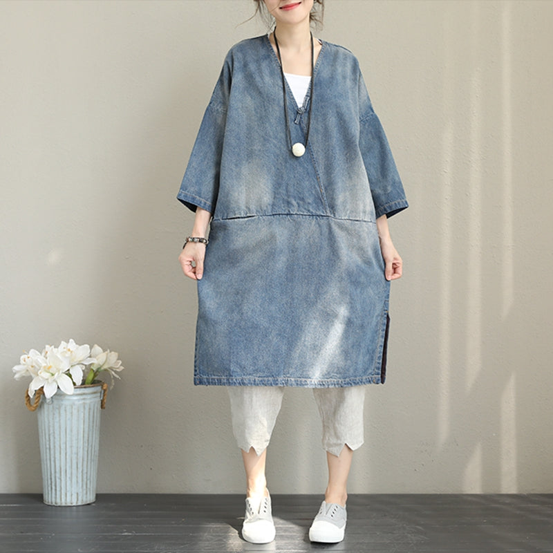 Vintage Loose Blue Denim Dresses Women Cotton Fall Outfits Q1388 ...