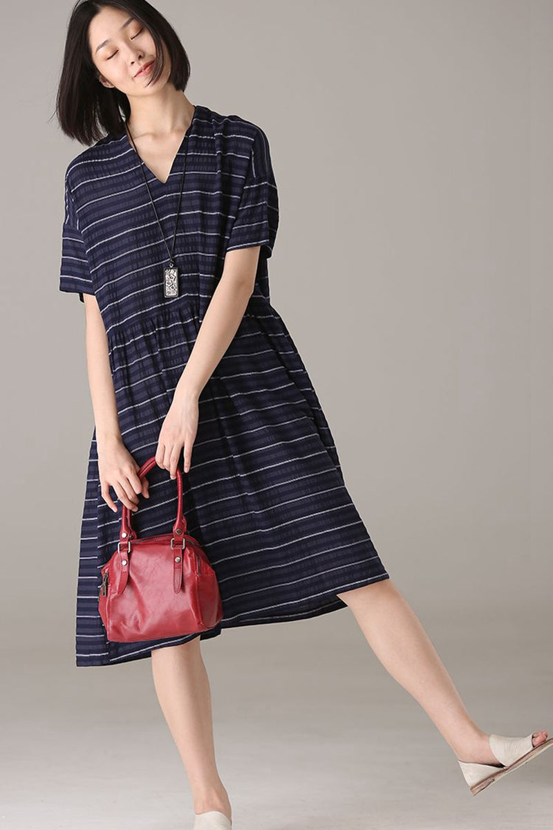 Plus Size V Neck Striped Long Dresses Women Cotton Clothes Q8161 ...