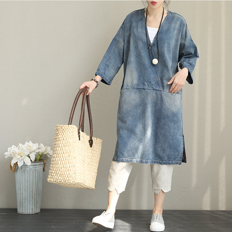 Vintage Loose Blue Denim Dresses Women Cotton Fall Outfits Q1388 ...