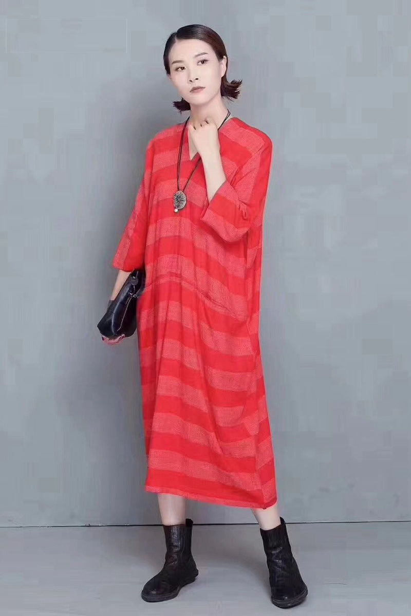 Fashion Striped Linen Maxi Dress Women Autumn Outfits 810– FantasyLinen