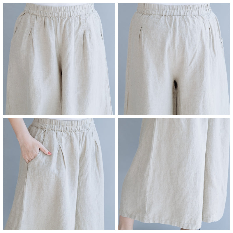 Women Linen Beige Wide-leg Pants Summer Loose Trousers K6054– FantasyLinen