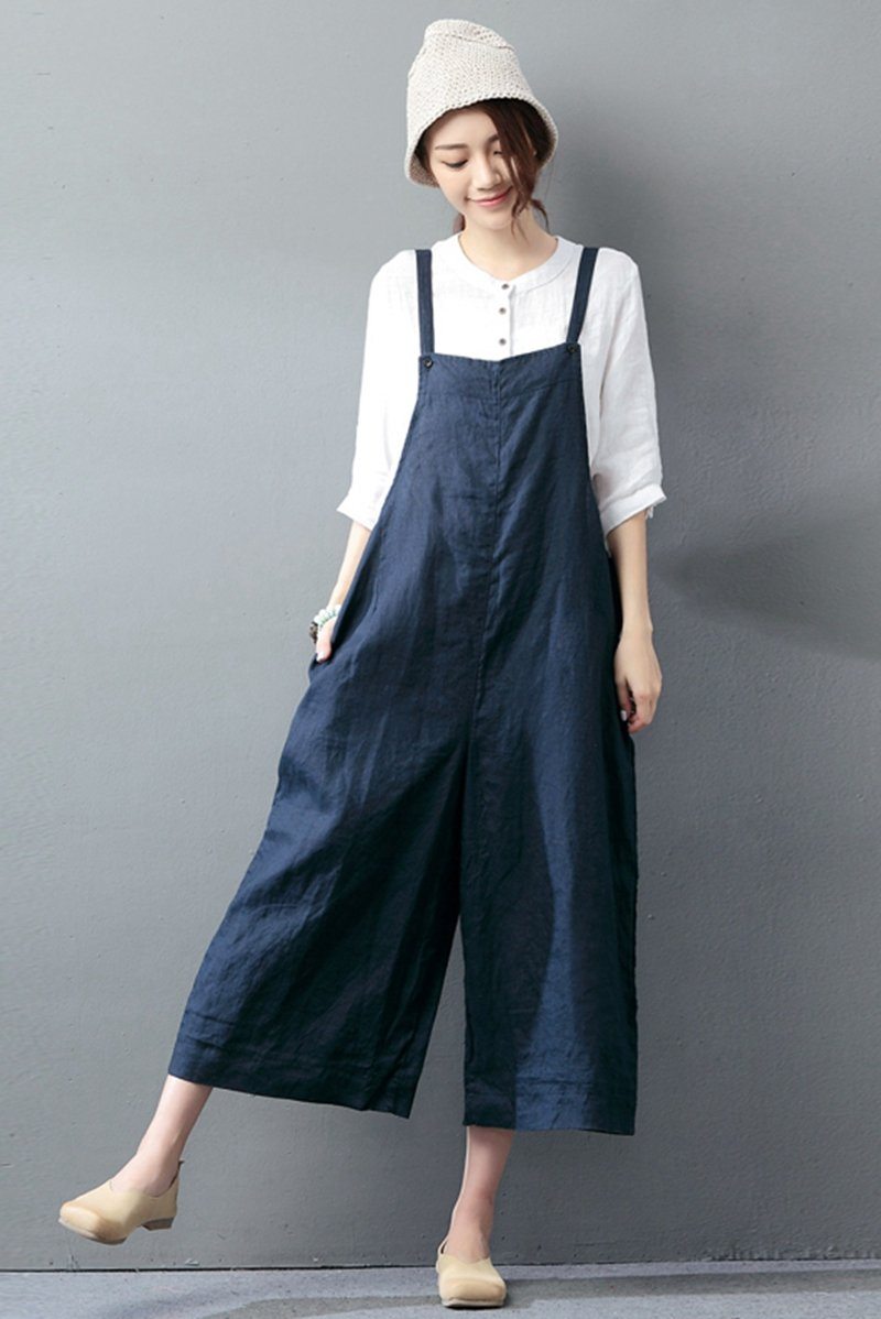 Navy Blue Cotton Linen Casual Loose Overalls Big Pocket Maxi Size Trou ...