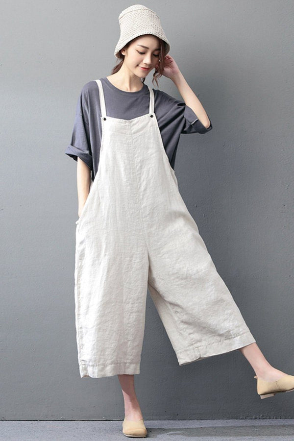 Beige Cotton Linen Casual Loose Overalls Big Pocket Maxi Size Trousers ...