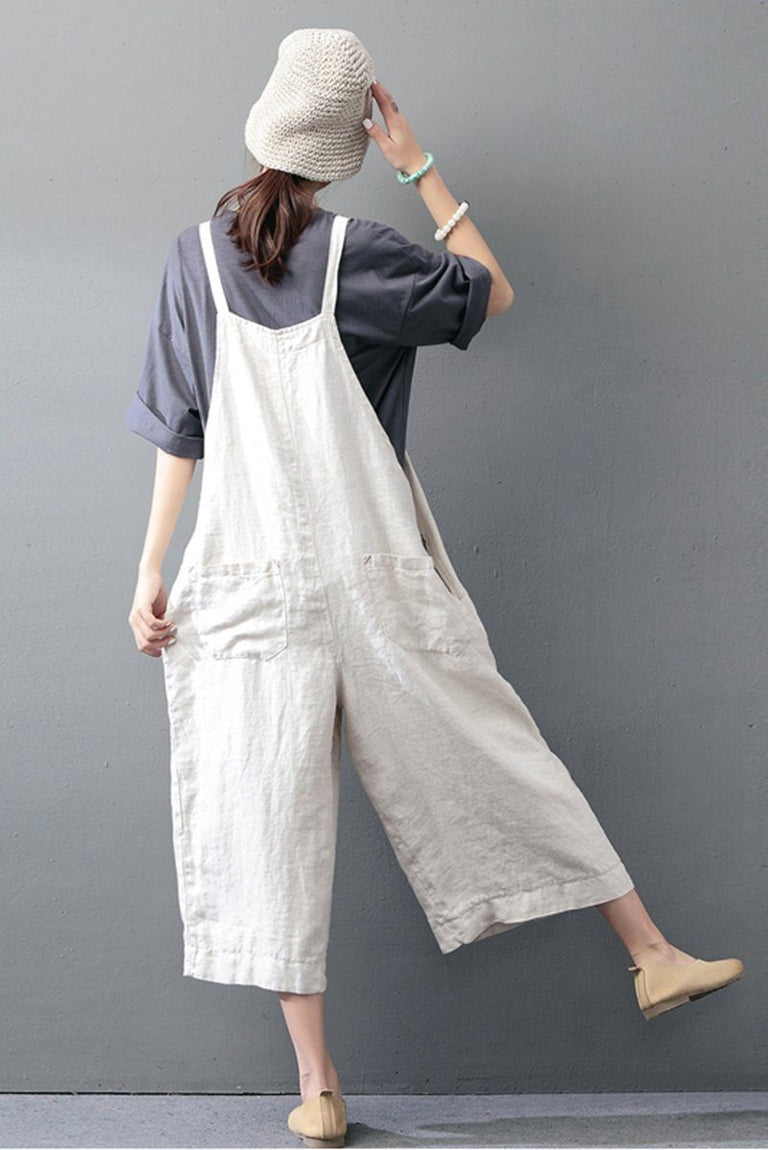 Beige Cotton Linen Casual Loose Overalls Big Pocket Maxi Size Trousers ...