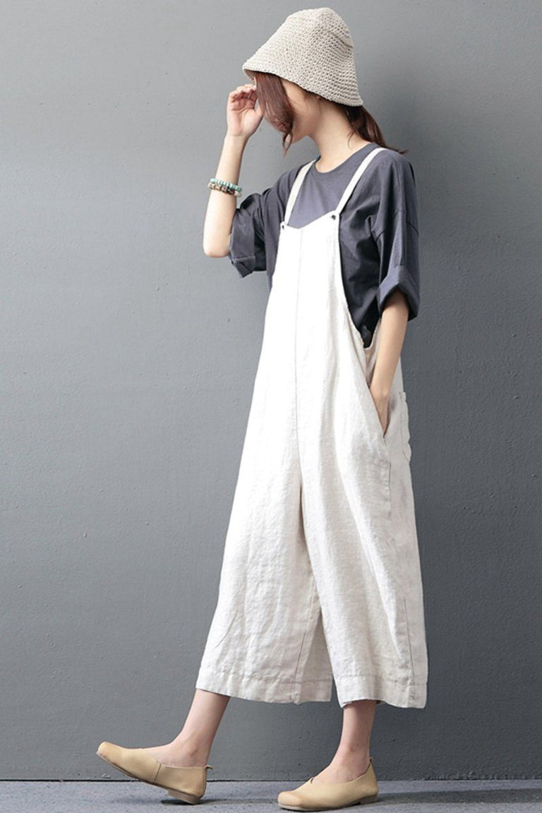 Beige Cotton Linen Casual Loose Overalls Big Pocket Maxi Size Trousers ...