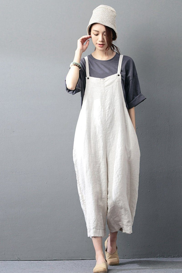 Beige Cotton Linen Casual Loose Overalls Big Pocket Maxi Size Trousers ...