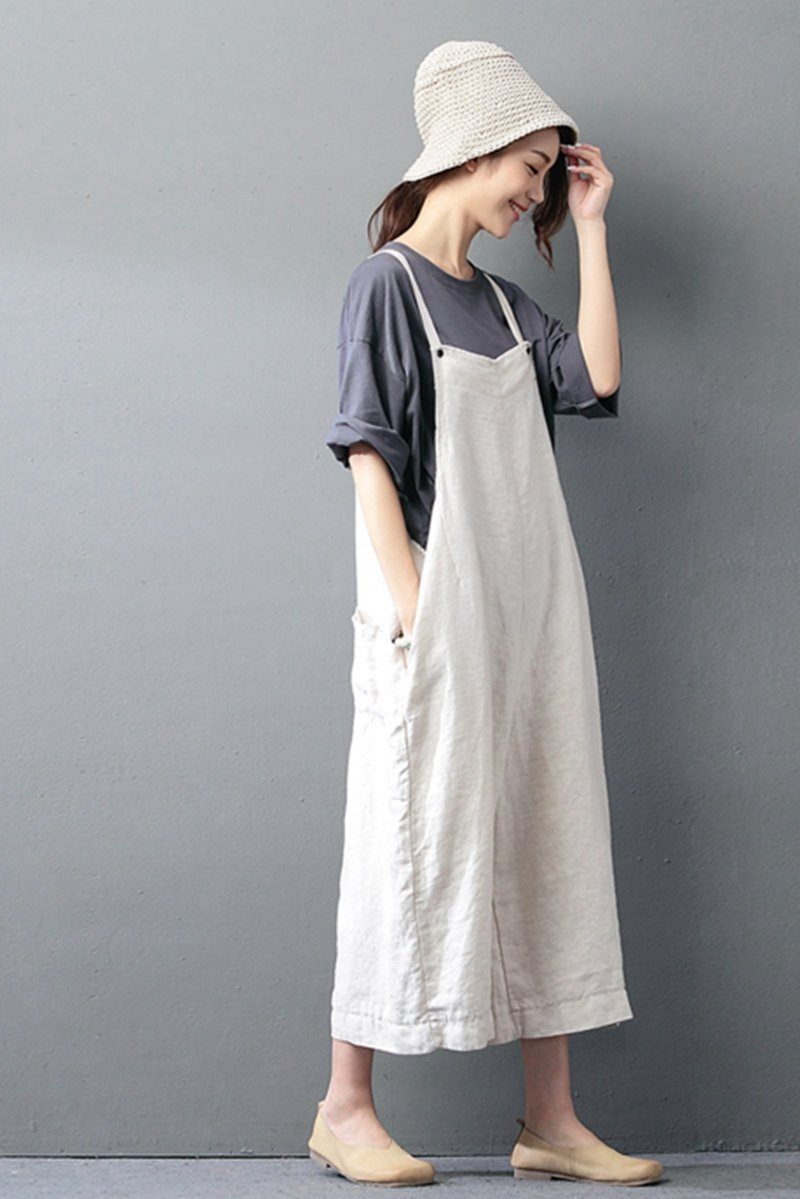 Beige Cotton Linen Casual Loose Overalls Big Pocket Maxi Size Trousers ...