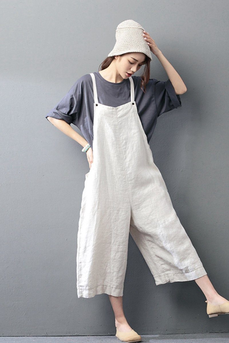 Beige Cotton Linen Casual Loose Overalls Big Pocket Maxi Size Trousers ...