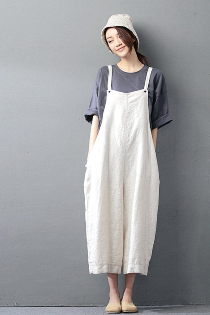 Beige Cotton Linen Casual Loose Overalls Big Pocket Maxi Size Trousers ...