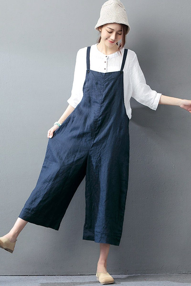 Beige Cotton Linen Casual Loose Overalls Big Pocket Maxi Size Trousers ...