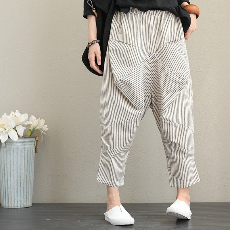 Vintage Casual Striped Cotton Linen Pants Women Fall Trousers– FantasyLinen