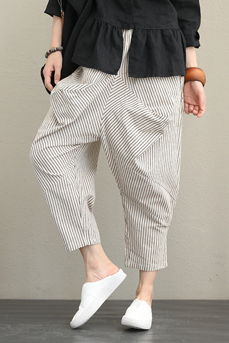 Vintage Casual Striped Cotton Linen Pants Women Fall Trousers– FantasyLinen