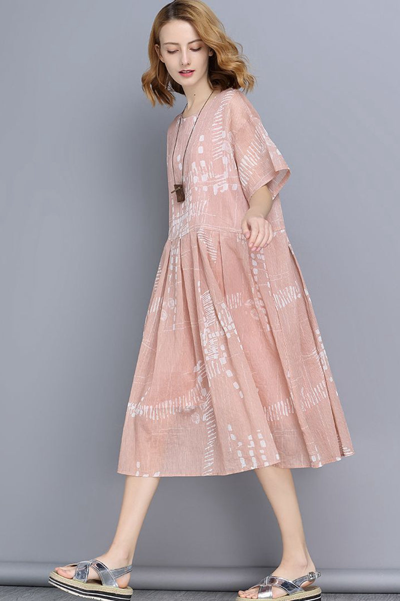 FantasyLinen Pink Big Size Casual Loose Summer Dresses V9180 | FantasyLinen