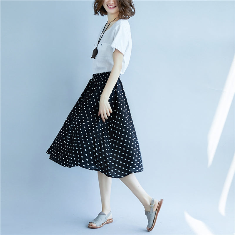 blue polka dot skirt outfit