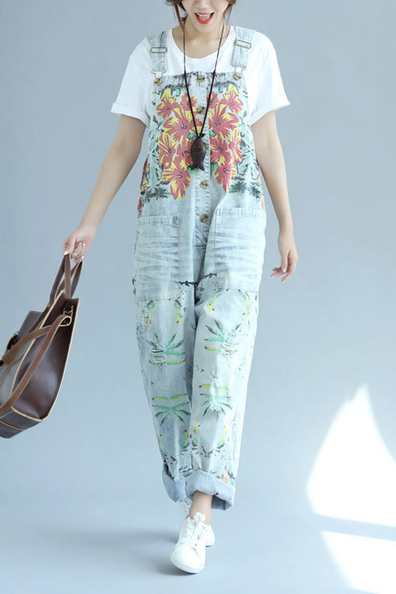 floral denim jumpsuit