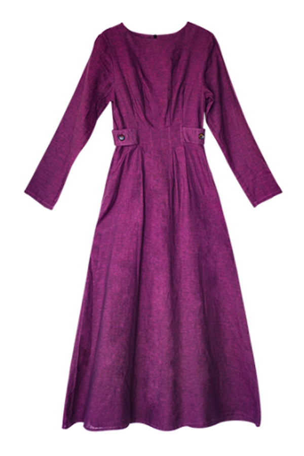 Women's Simple Linen Purple Collect Waist Maxi Dress– FantasyLinen