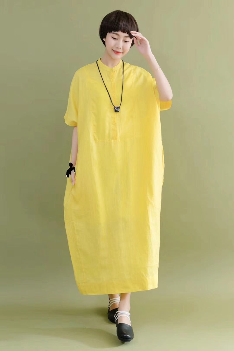 FantasyLinen Minimalism Summer Yellow Silk Linen Big Pocket Casual Loo