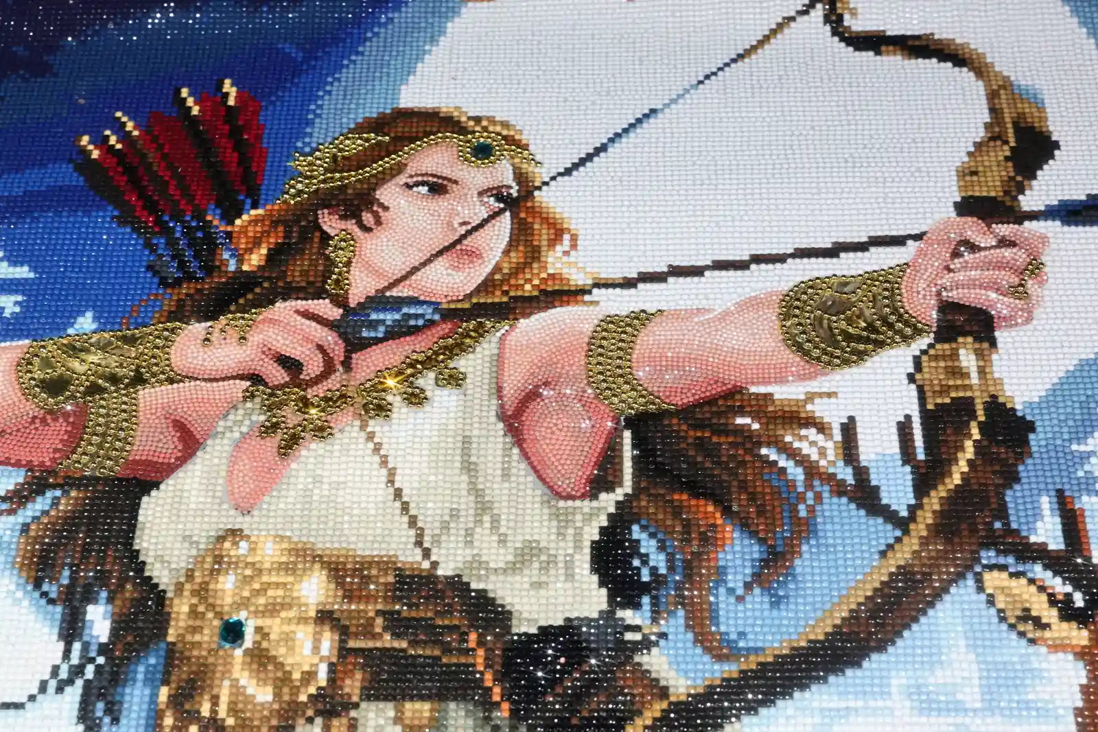 Close-up of Artemis diamond art canvas showing shimmering drills, silver robes, and delicate deer details - FEELOOK Art