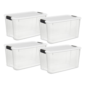 Sterilite 70 Quart Clear Plastic Storage Bin with White Latch Lid, 20 Pack