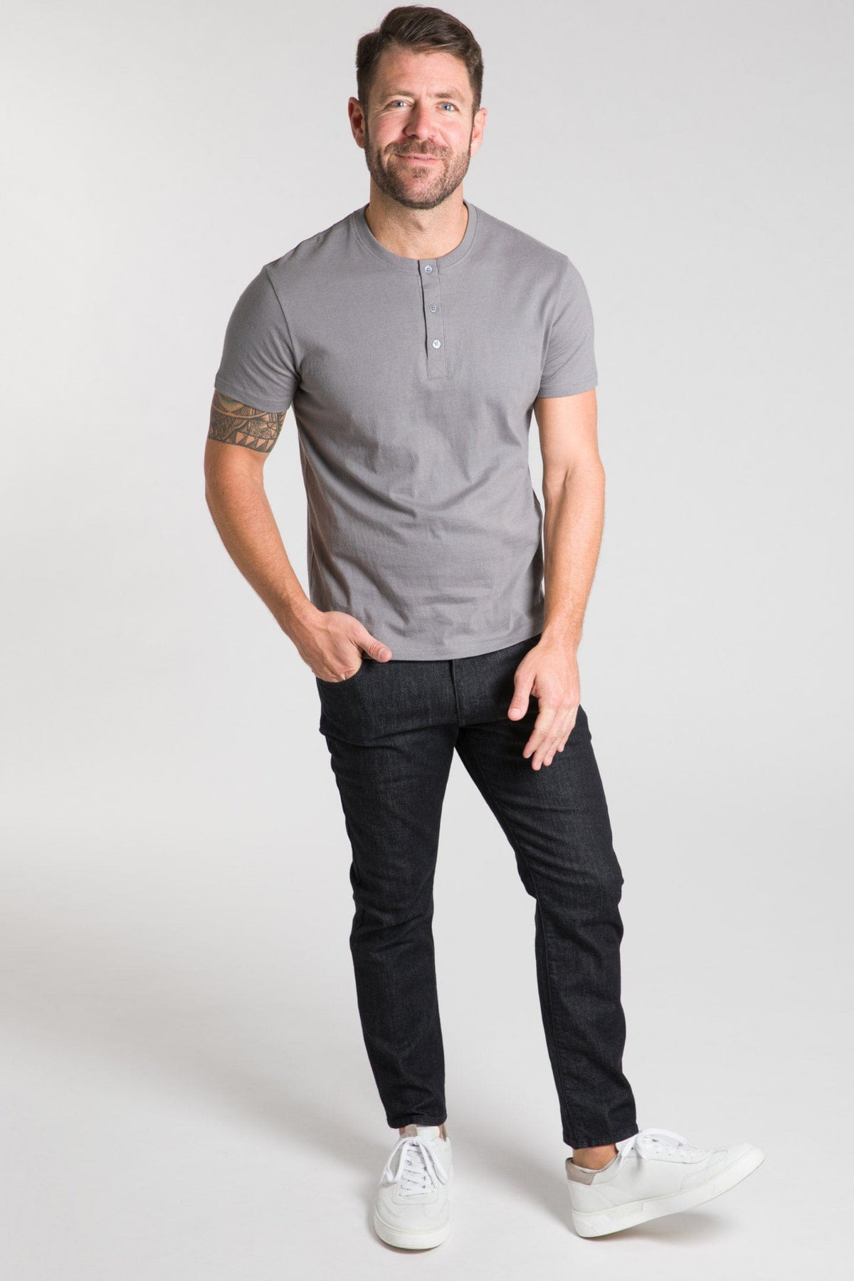 Ash & Erie Light Grey Short Sleeve Henley for Short Men