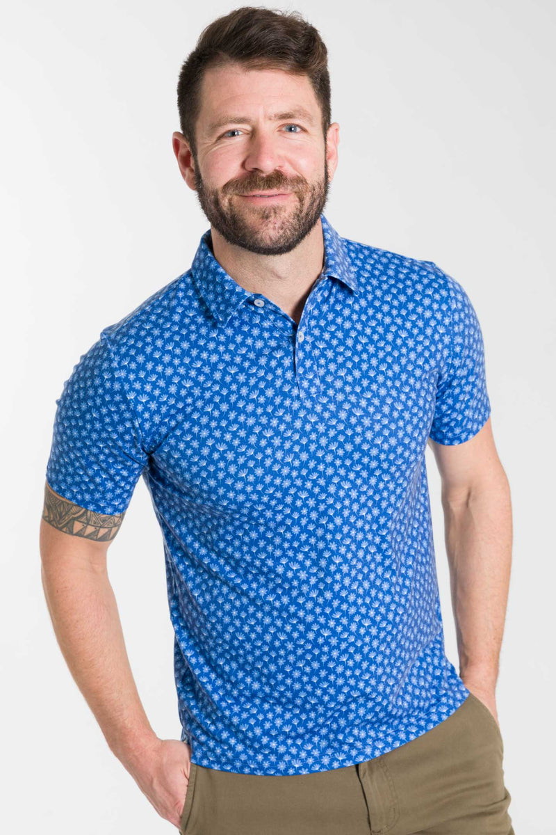 Ash & Erie Blue Blossoms Tech Polo Shirt for Short Men