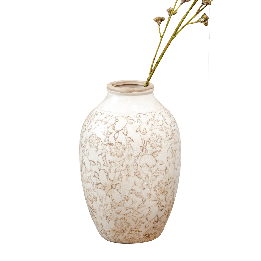 12-Inch Beige Vase with Stunning Floral Pattern