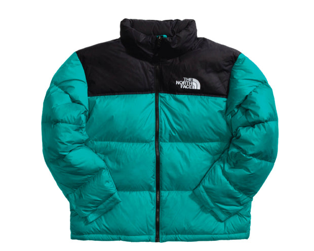 pink and green north face jacket