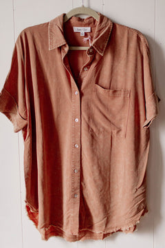 Vintage Mineral Wash Short Sleeve Button Down Shirt - Blush