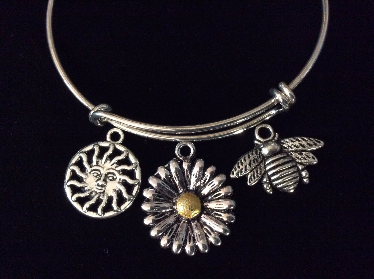 Two Toned Daisy Bee Sun Charm Adjustable Expandable Bangle Bracelet Silver Wire Bangle Stacking Bang