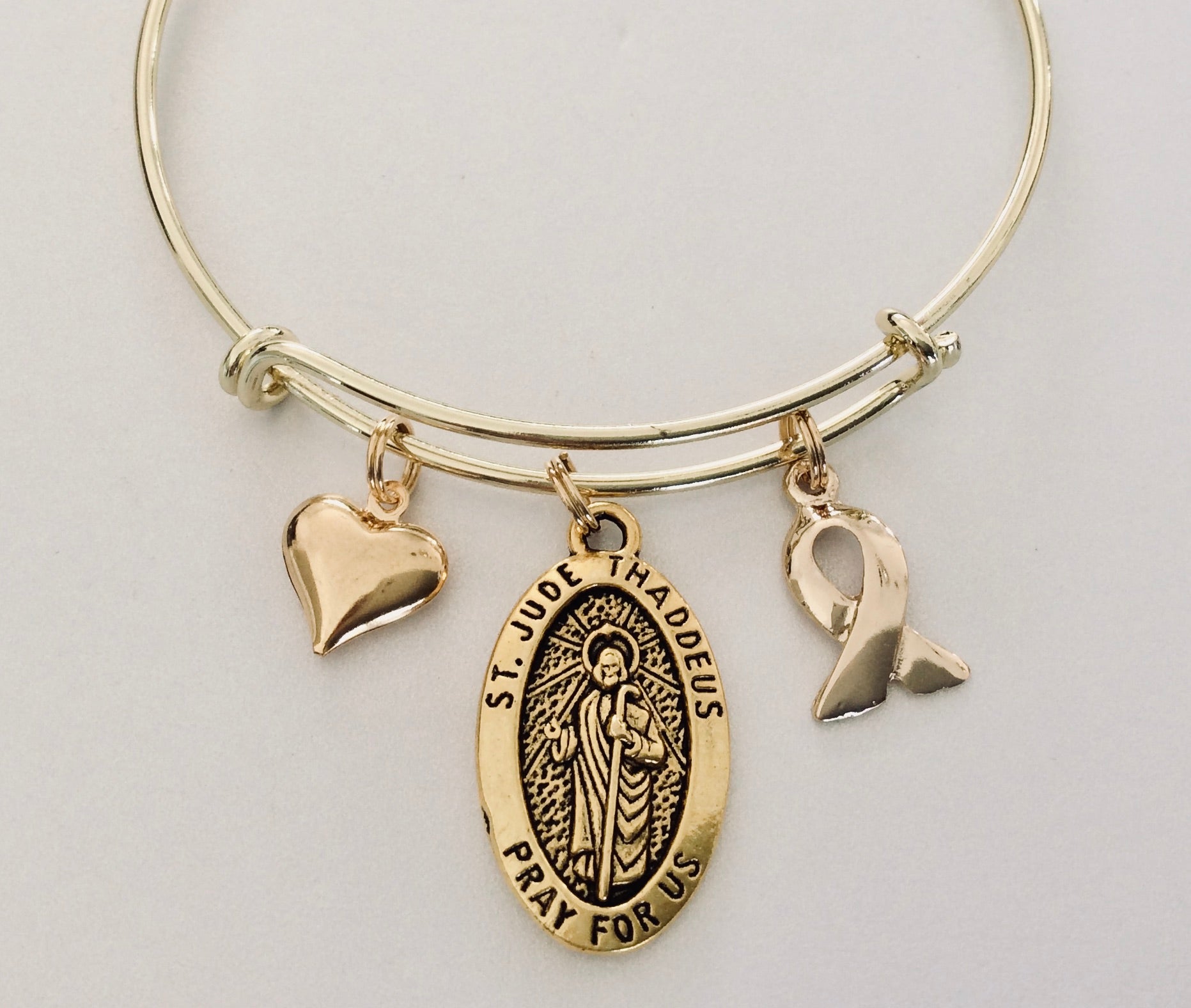 Gold Awareness Ribbon Saint Jude Expandable Charm Bracelet Patron Saint of Hopeless Cases and Lost C