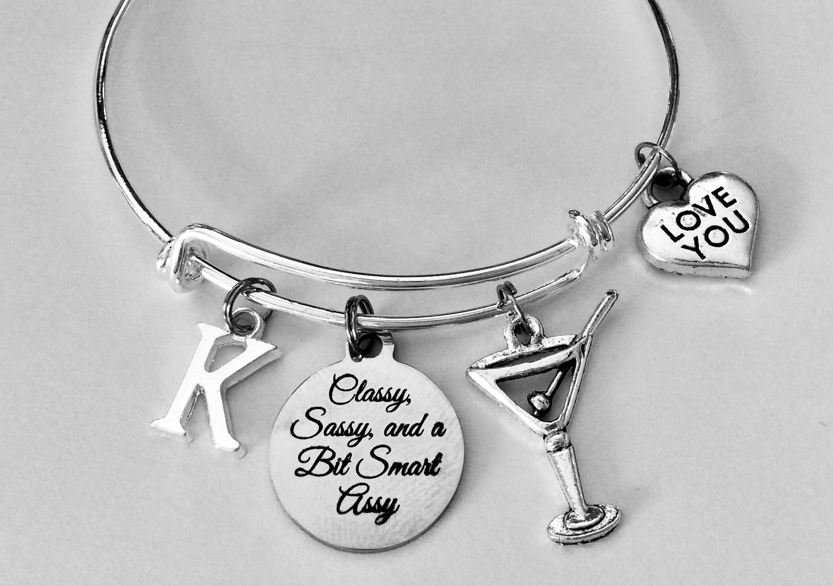 Classy, Sassy, and a Bit Smart Assy Expandable Charm Bracelet Martini Initial Adjustable Bangle Gift