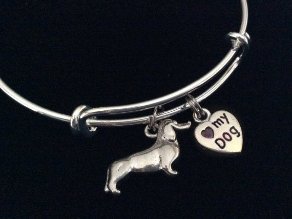 Dachshund Love my Dog Charm on a Silver Expandable Adjustable Bangle Bracelet Meaningful Dog Lover G