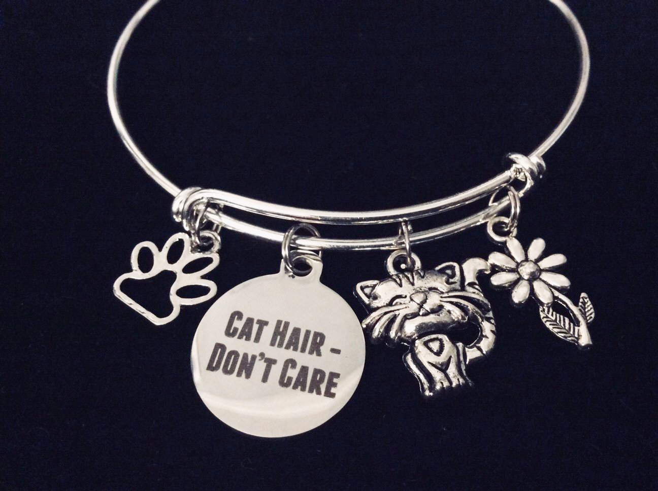 Cat Hair Don't Care Expandable Charm Bracelet Silver Adjustable Wire Bangle One Size Fits All Gi