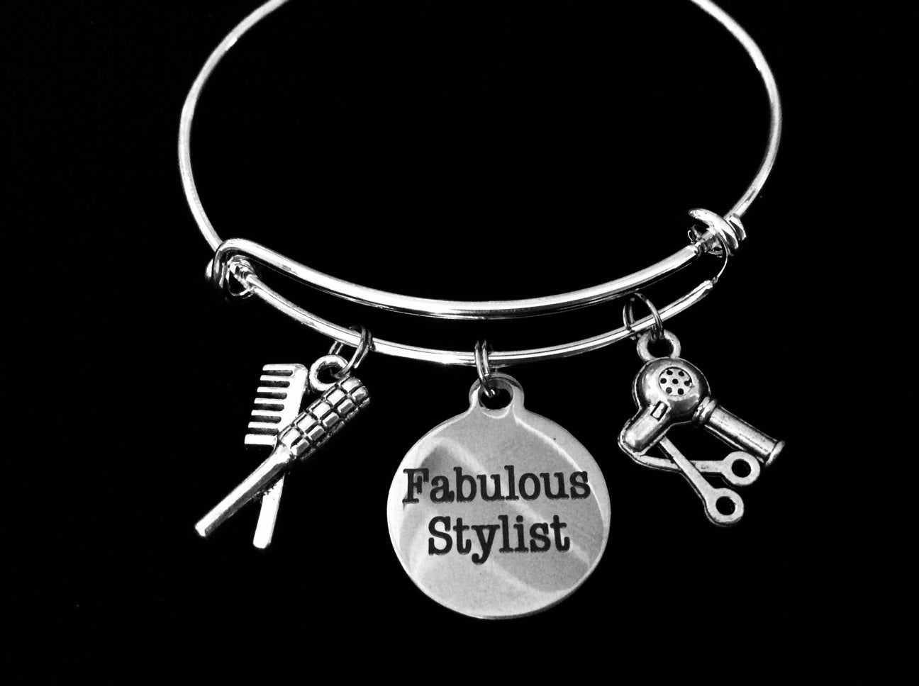 Fabulous Hair Stylist Charm Bangle Scissors, Blow Dryer, Comb, Brush on a Silver Expandable Adjustab