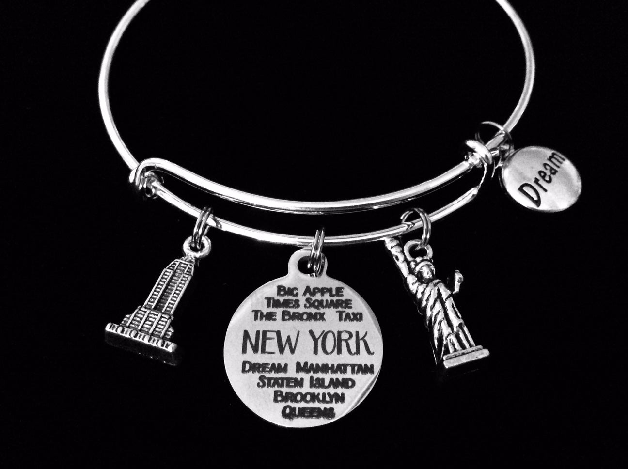 New York Jewelry Expandable Charm Bracelet Empire State Building Statue of Liberty Adjustable Silver